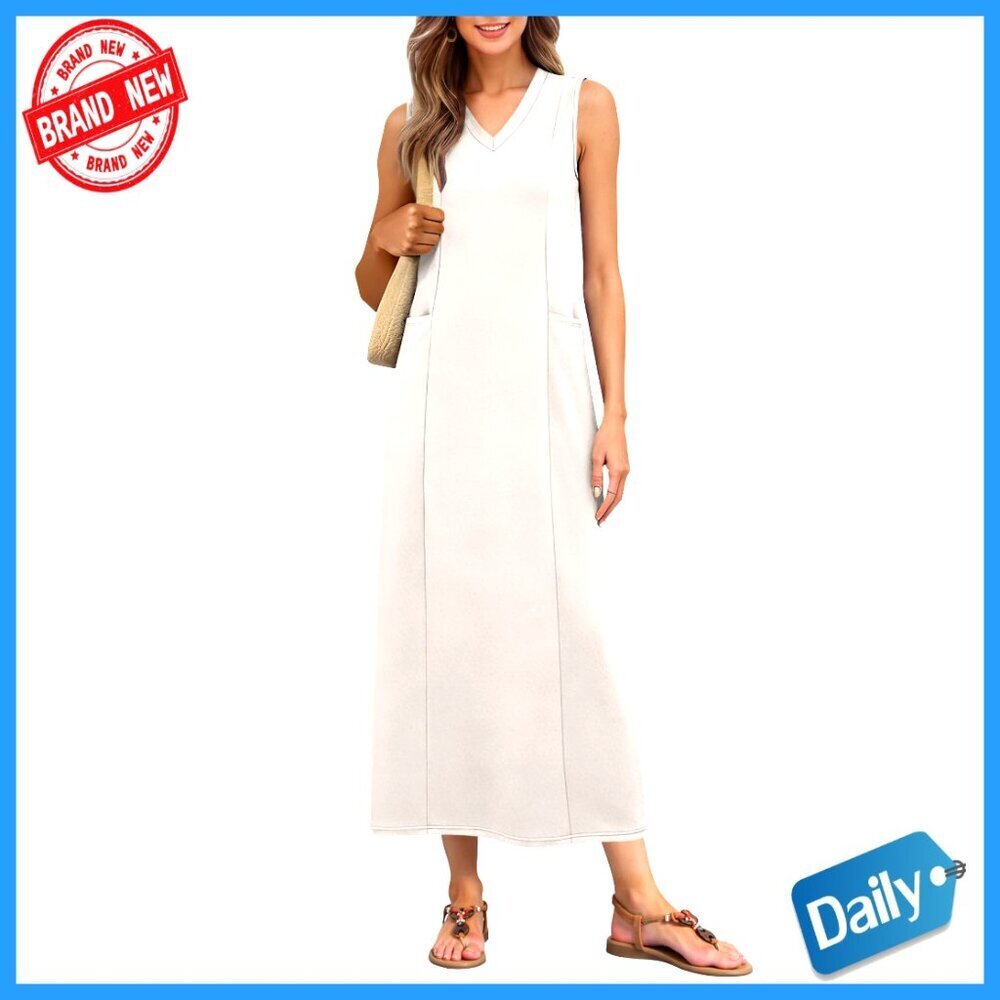 Summer Maxi Dress V Neck Wrinkle-Free Casual Sundress with Pockets Slit